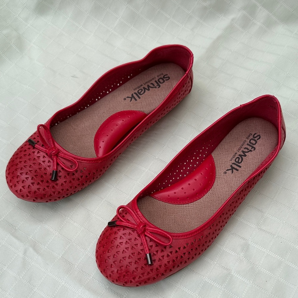 SoftWalk Bright Red Leather Perforated Ballet Flats with Bow Accent